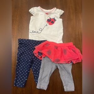 Carter’s Baby Girl Outfit 3 Months Ladybug Top + 2 Leggings Set